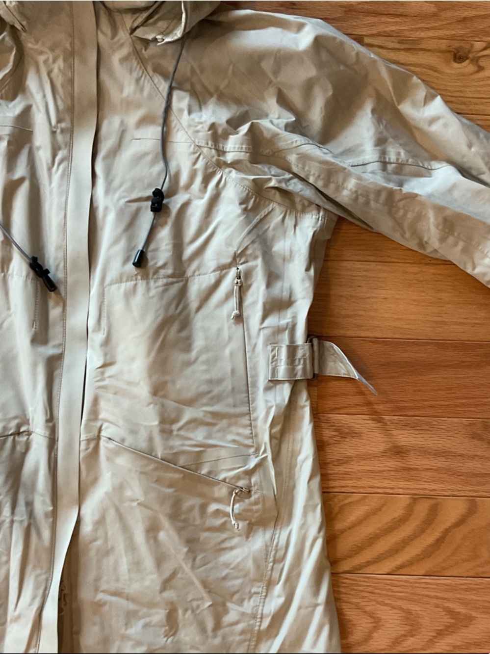 REI Women’s Lightweight stowaway Hood Raincoat Cream trench NWOT XS zip pockets - Picture 5 of 13